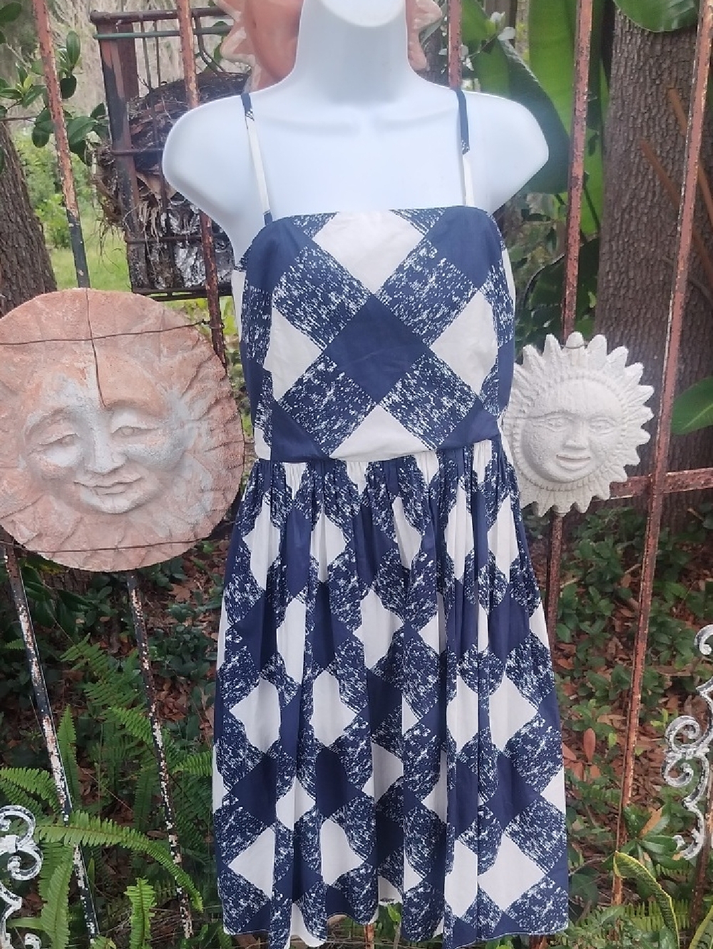 Bode  Navy and White Checkered Sundress - Sleeveless Summer Dress Size 4 Cotton